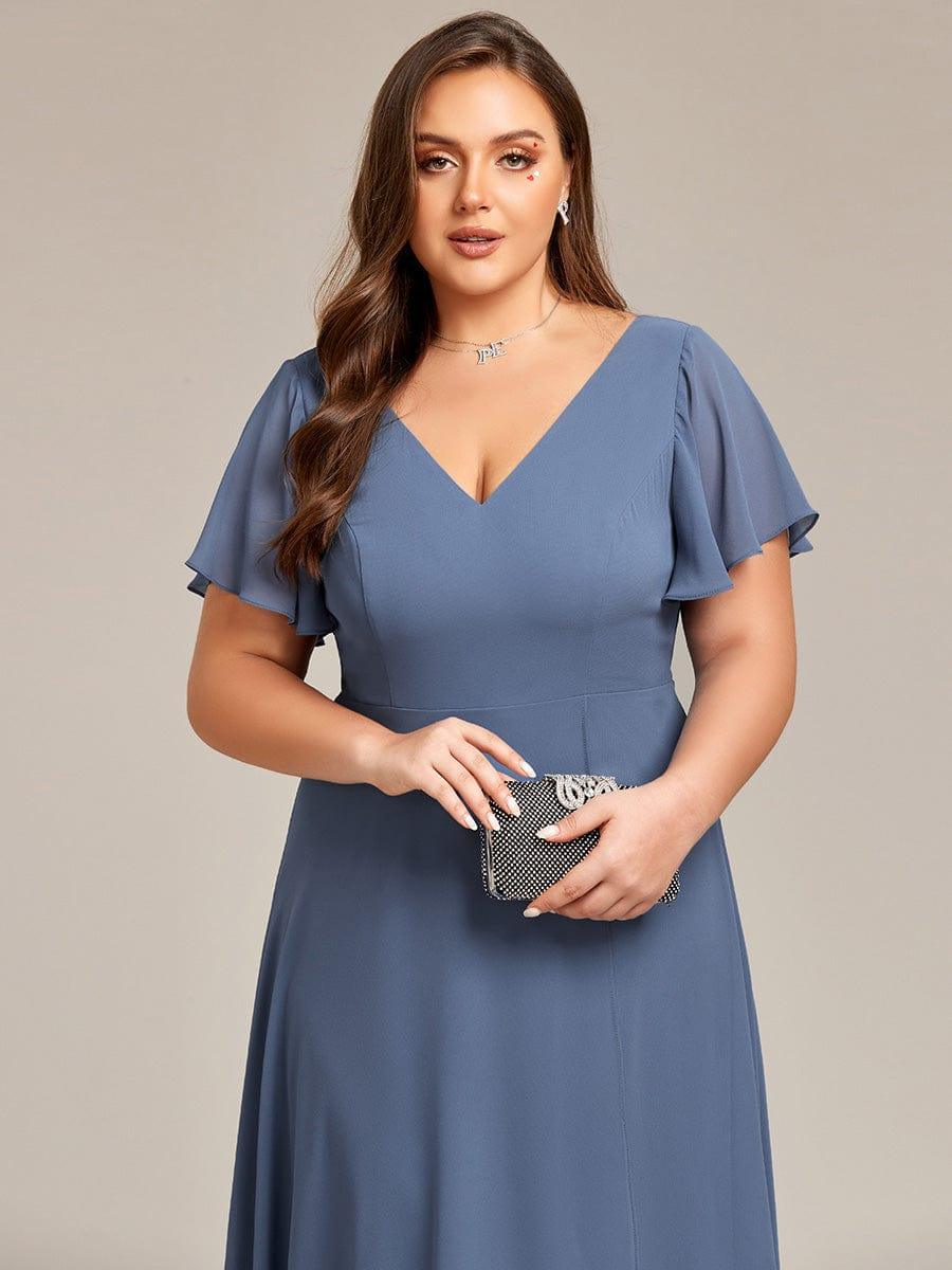 Plus Size Flowing Chiffon V-Neck Ruffle Sleeves Bridesmaid Dress #color_Dusty Blue