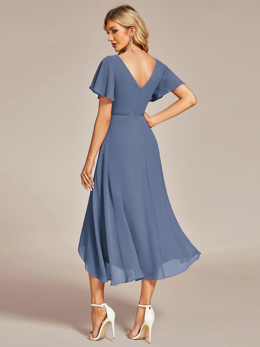 Flowing Chiffon V-Neck Ruffle Sleeves Bridesmaid Dress #color_Dusty Blue