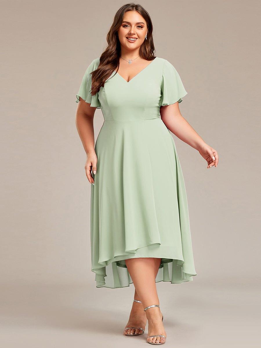 Plus Size Flowing Chiffon V-Neck Ruffle Sleeves Bridesmaid Dress #color_Mint Green