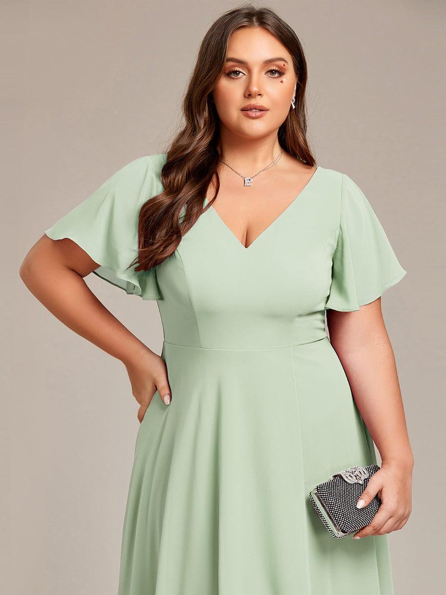 Plus Size Flowing Chiffon V-Neck Ruffle Sleeves Bridesmaid Dress #color_Mint Green