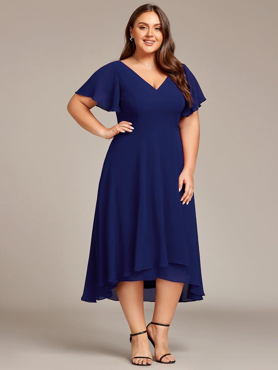 Plus Size Flowing Chiffon V-Neck Ruffle Sleeves Bridesmaid Dress #color_Navy Blue