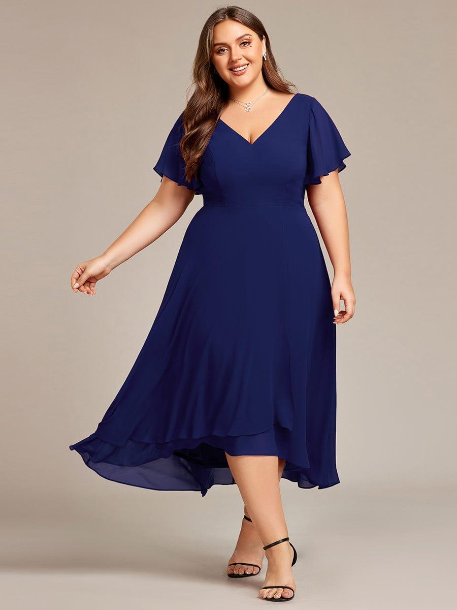 Plus Size Flowing Chiffon V-Neck Ruffle Sleeves Bridesmaid Dress #color_Navy Blue