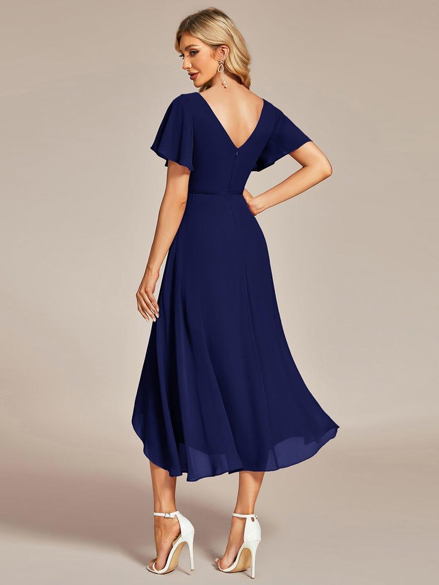 Flowing Chiffon V-Neck Ruffle Sleeves Bridesmaid Dress #color_Navy Blue