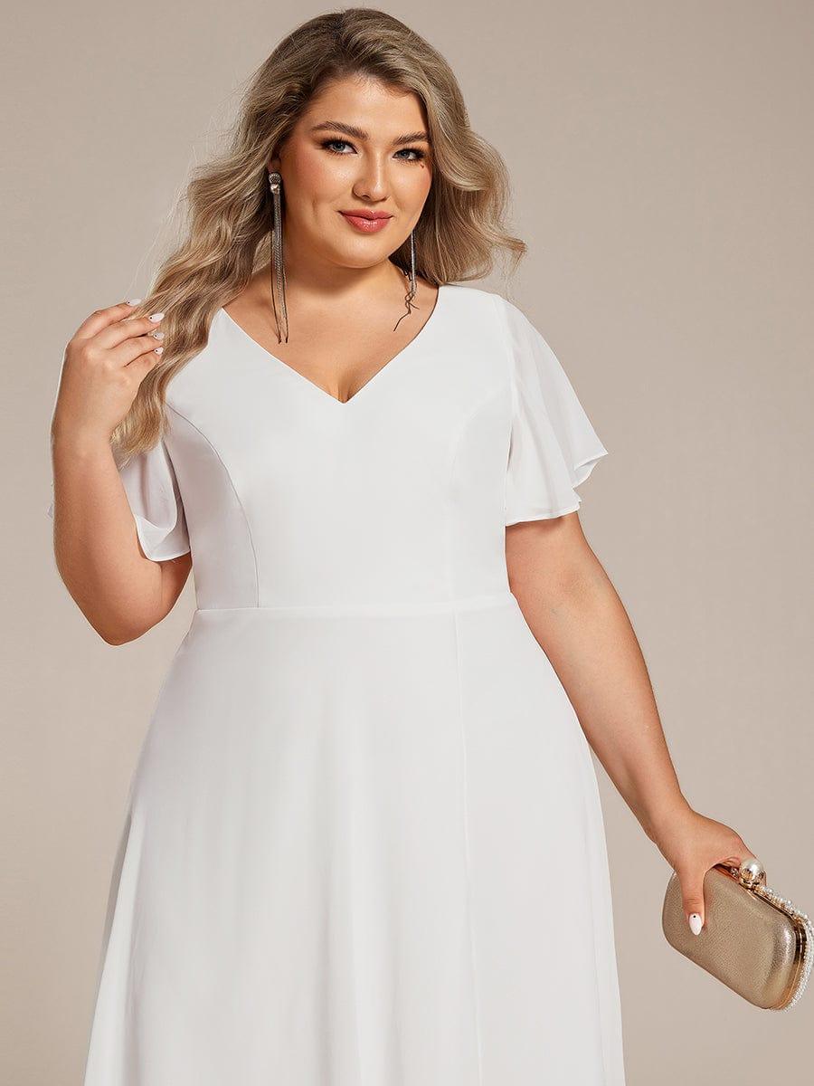 Plus Size Flowing Chiffon V-Neck Ruffle Sleeves Bridesmaid Dress #color_White