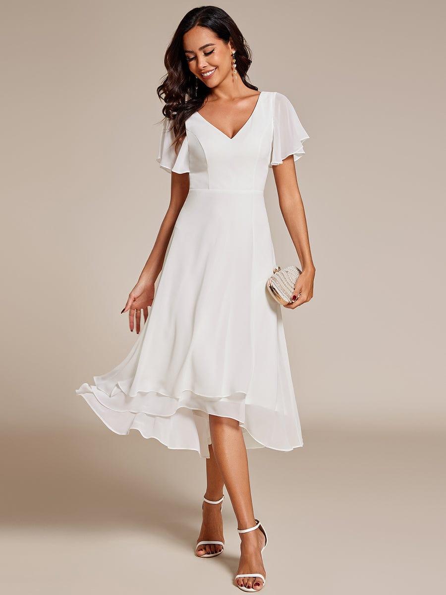 Flowing Chiffon V-Neck Ruffle Sleeves Bridesmaid Dress #color_White