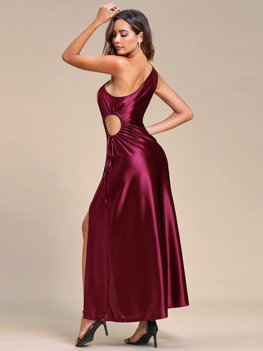 One Shoulder Elastic side waistband with hollow-out Satin Wedding Guest Dresses #color_Burgundy