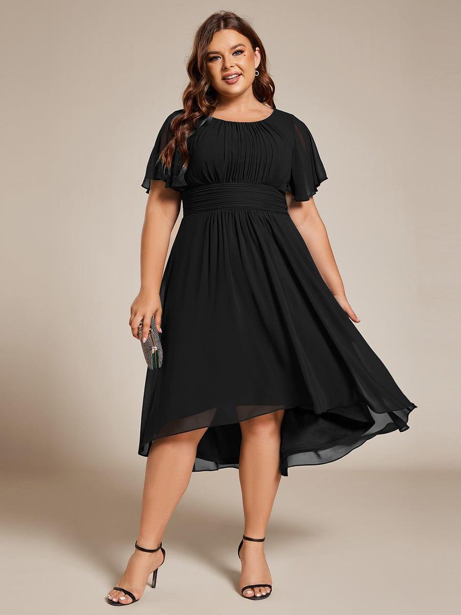 Plus Size Pleated Round Neckline A-Line Midi Chiffon Wedding Guest Dress #color_Black
