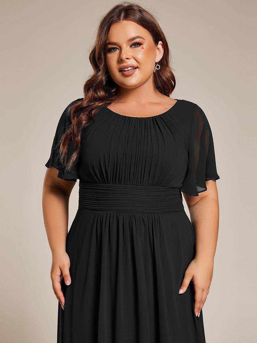 Plus Size Pleated Round Neckline A-Line Midi Chiffon Wedding Guest Dress #color_Black