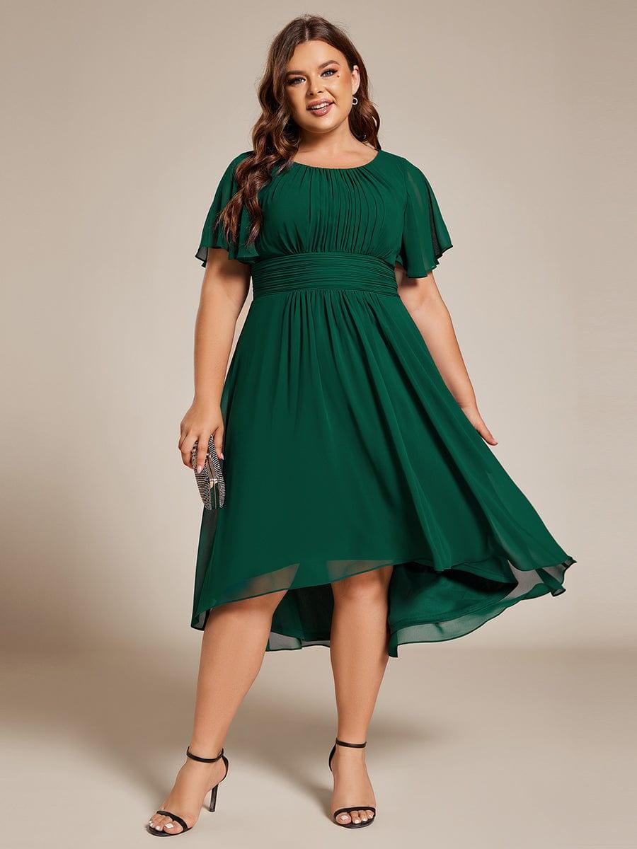 Plus Size Pleated Round Neckline A-Line Midi Chiffon Wedding Guest Dress #color_Dark Green