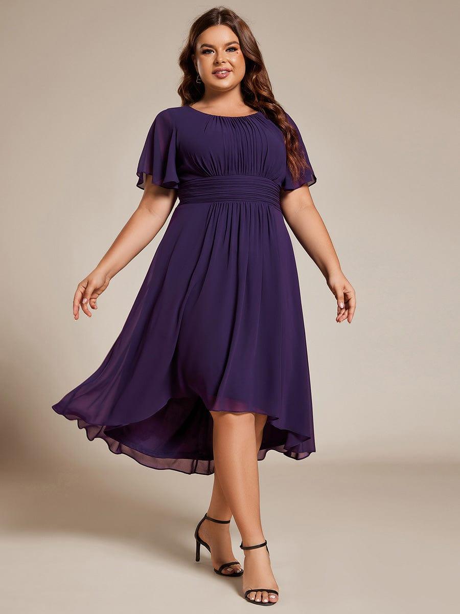 Plus Size Pleated Round Neckline A-Line Midi Chiffon Wedding Guest Dress #color_Dark Purple