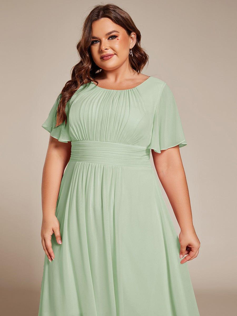 Plus Size Pleated Round Neckline A-Line Midi Chiffon Wedding Guest Dress #color_Mint Green