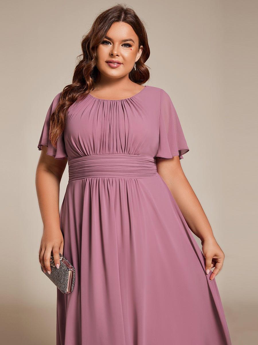 Plus Size Pleated Round Neckline A-Line Midi Chiffon Wedding Guest Dress #color_Purple Orchid
