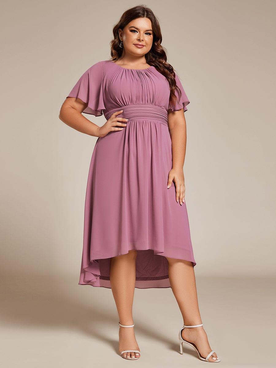 Plus Size Pleated Round Neckline A-Line Midi Chiffon Wedding Guest Dress #color_Purple Orchid