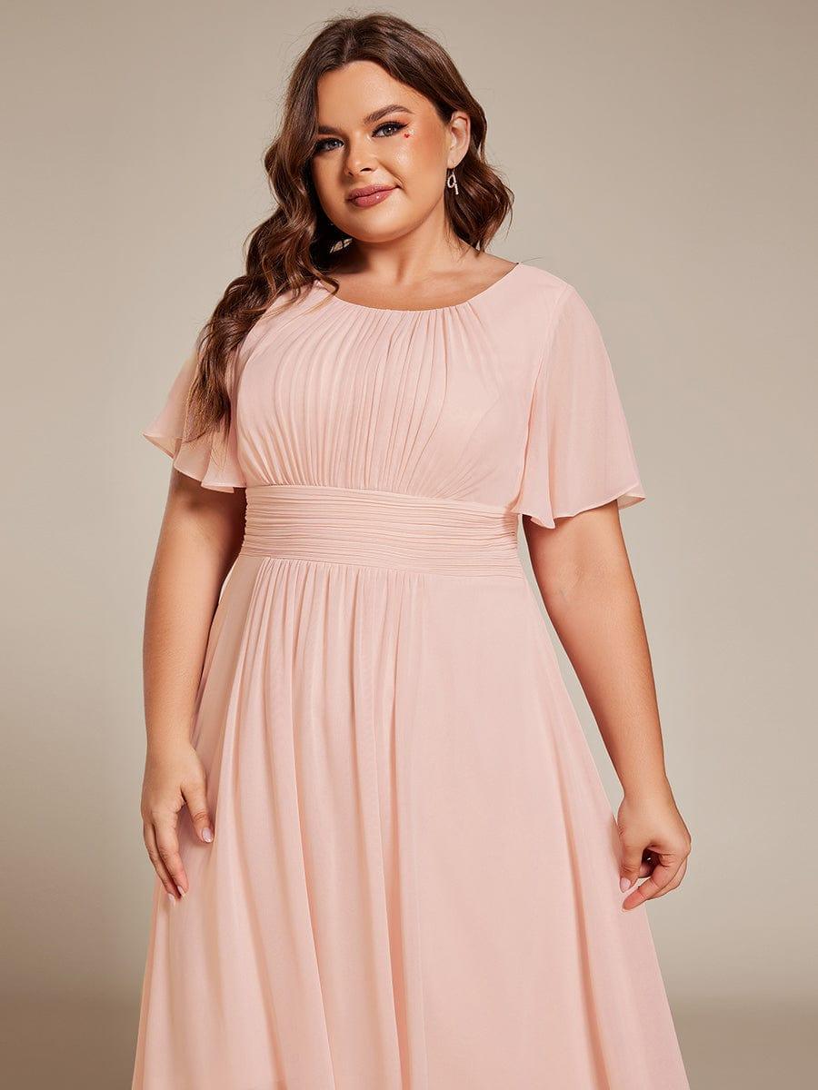 Plus Size Pleated Round Neckline A-Line Midi Chiffon Wedding Guest Dress #color_Pink