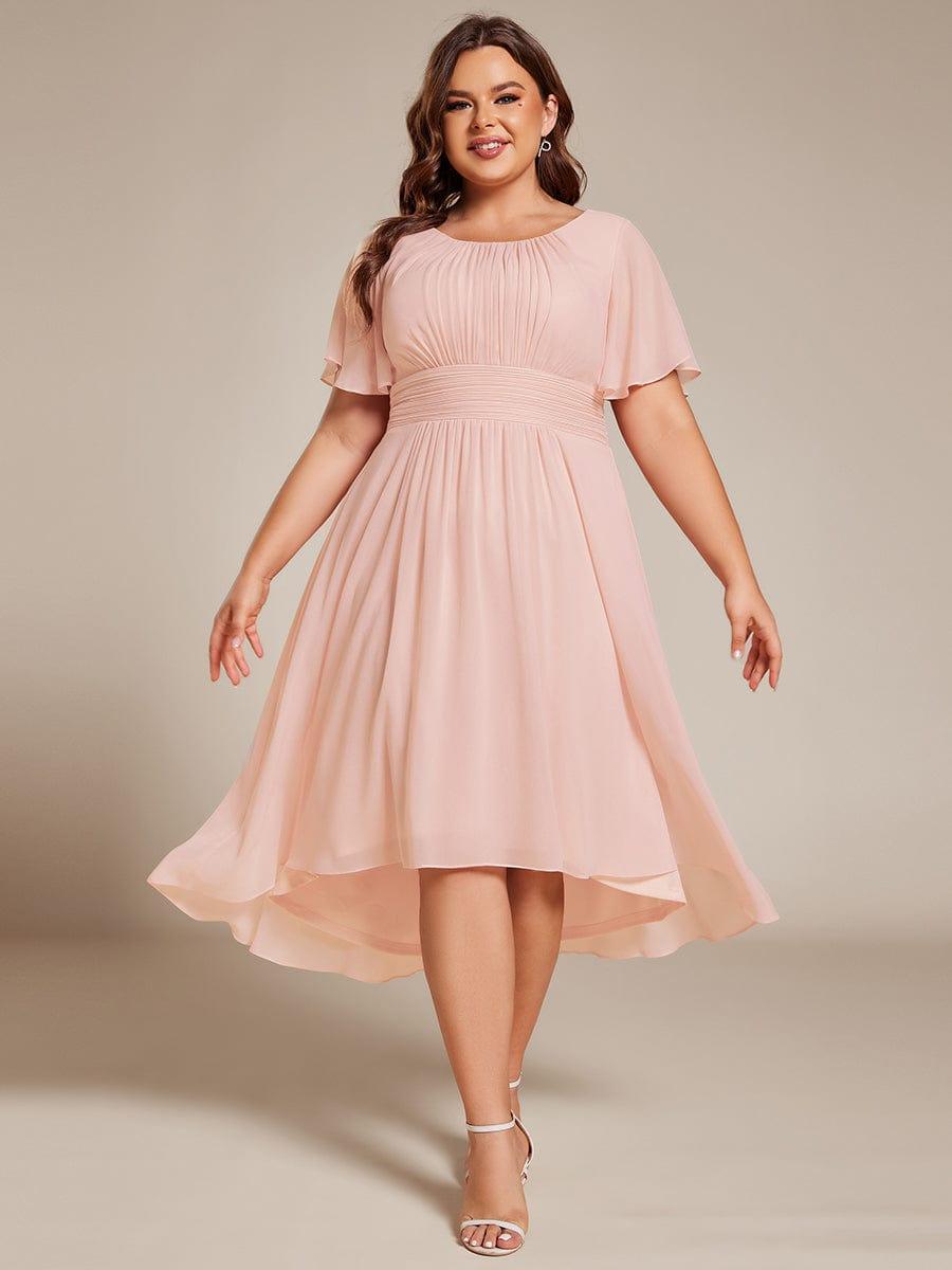 Plus Size Pleated Round Neckline A-Line Midi Chiffon Wedding Guest Dress #color_Pink