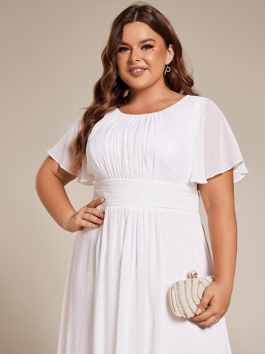 Plus Size Pleated Round Neckline A-Line Midi Chiffon Wedding Guest Dress #color_White