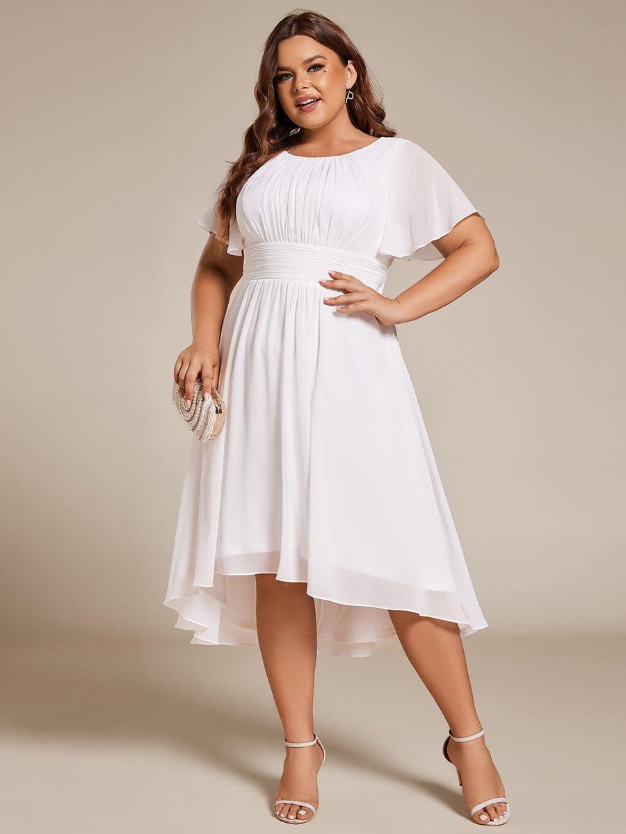Plus Size Pleated Round Neckline A-Line Midi Chiffon Wedding Guest Dress #color_White