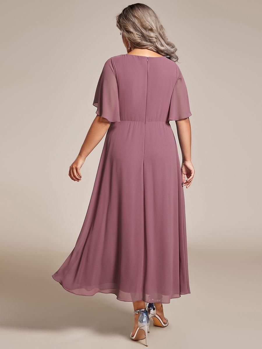 Plus Size Elegant Short Sleeves V-Neck Floral Applique Wedding Guest Dress #color_Purple Orchid