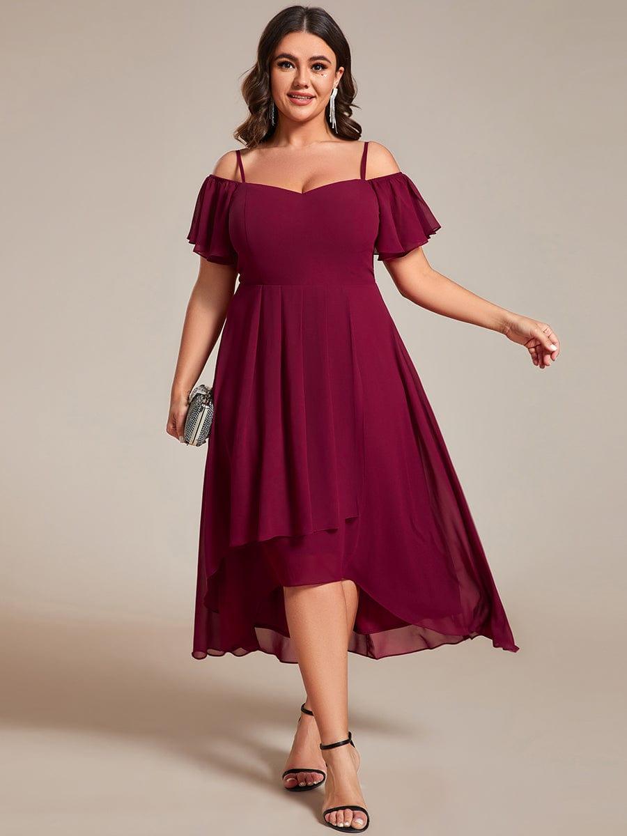 Plus Size Cold Shoulder Sweetheart Necklin Chiffon Midi Wedding Guest Dress #color_Burgundy