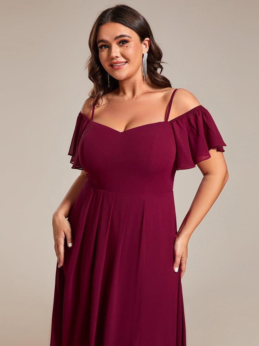 Plus Size Cold Shoulder Sweetheart Necklin Chiffon Midi Wedding Guest Dress #color_Burgundy