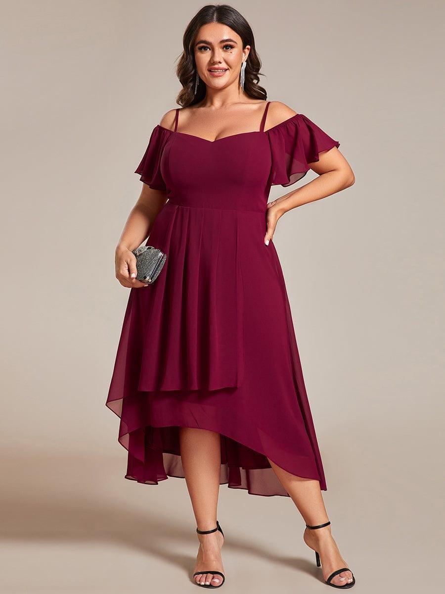 Plus Size Cold Shoulder Sweetheart Necklin Chiffon Midi Wedding Guest Dress #color_Burgundy