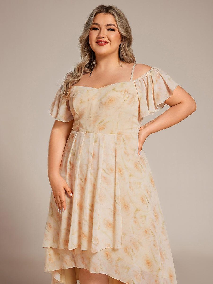 Plus Size Cold Shoulder Sweetheart Necklin Chiffon Midi Wedding Guest Dress #color_Golden Roses