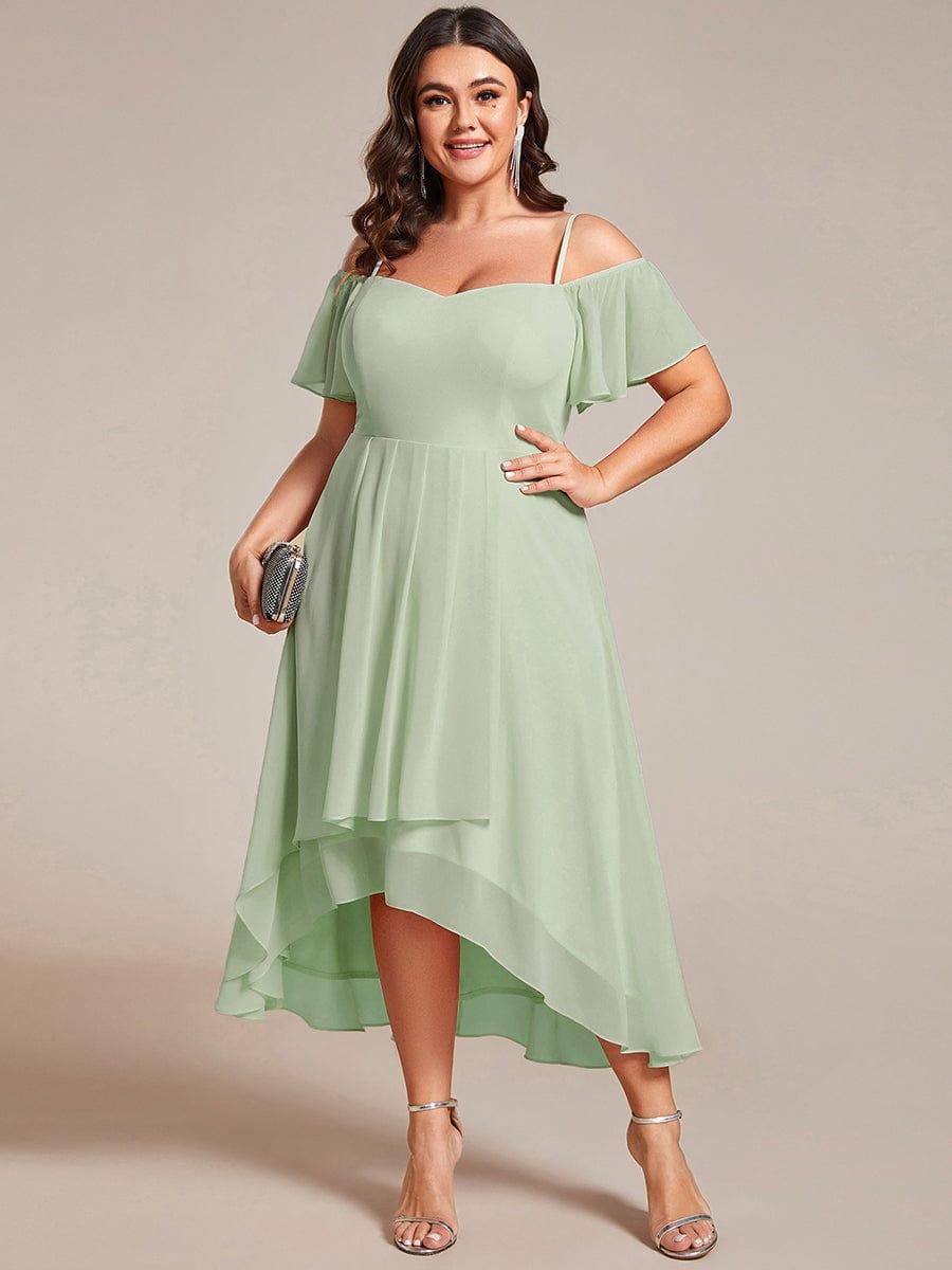 Plus Size Cold Shoulder Sweetheart Necklin Chiffon Midi Wedding Guest Dress #color_Mint Green