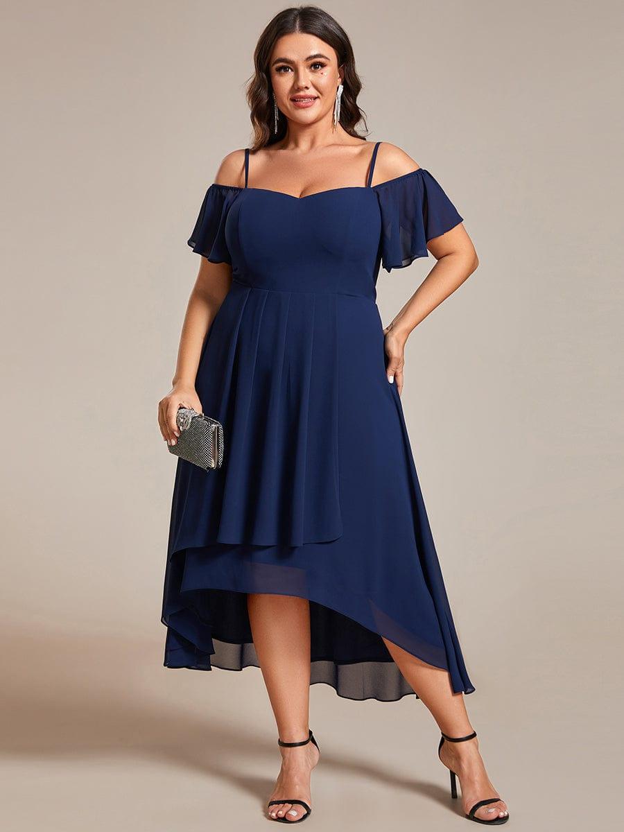 Plus Size Cold Shoulder Sweetheart Necklin Chiffon Midi Wedding Guest Dress #color_Navy Blue