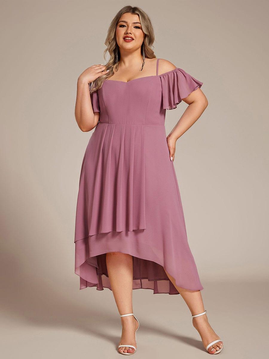 Plus Size Cold Shoulder Sweetheart Necklin Chiffon Midi Wedding Guest Dress #color_Purple Orchid