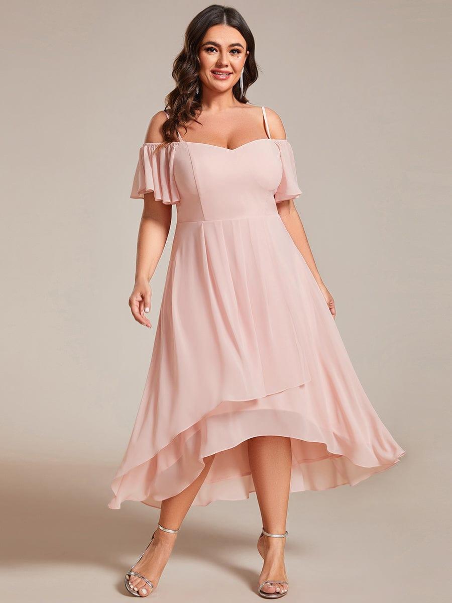 Plus Size Cold Shoulder Sweetheart Necklin Chiffon Midi Wedding Guest Dress #color_Pink