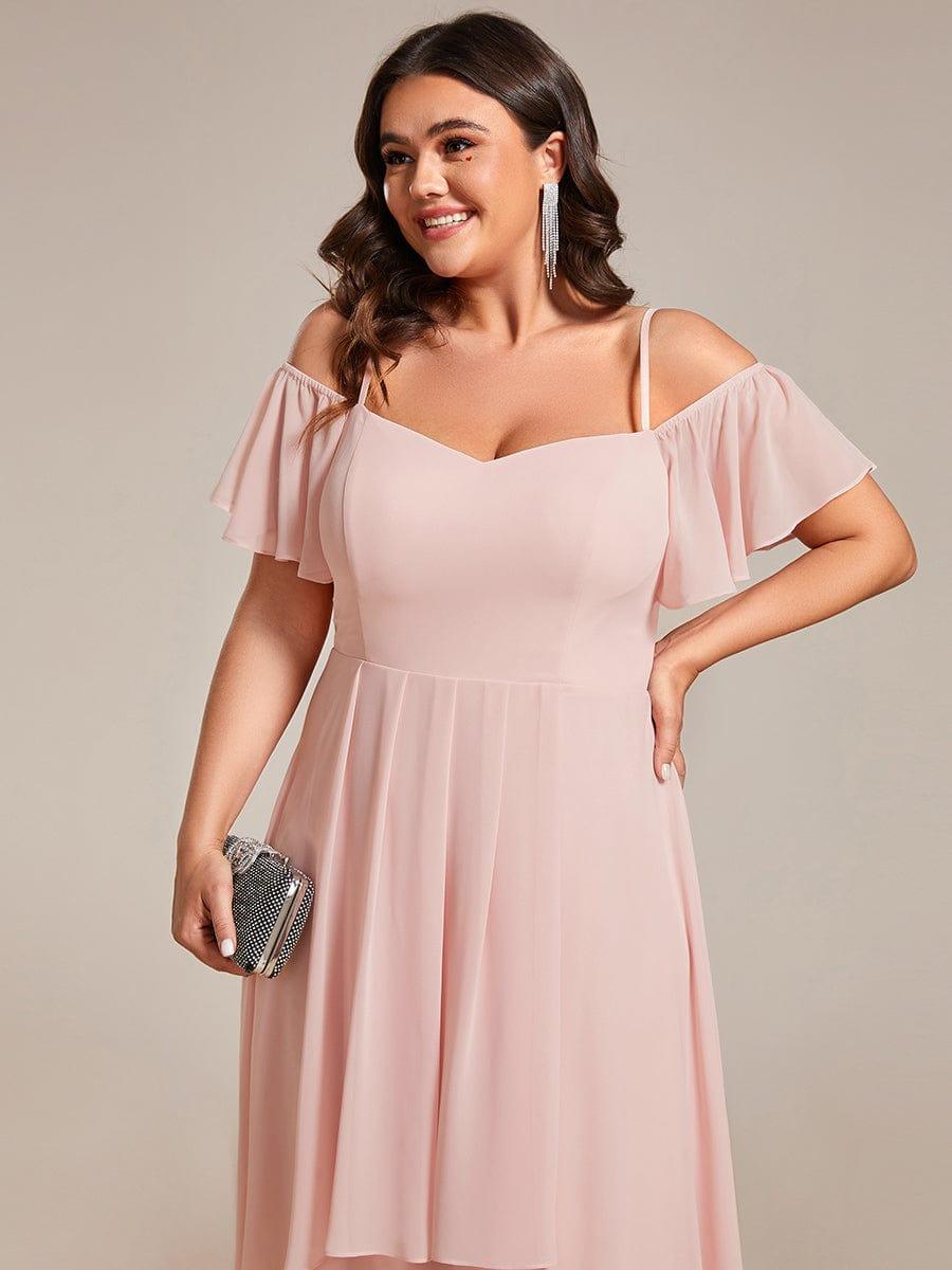 Plus Size Cold Shoulder Sweetheart Necklin Chiffon Midi Wedding Guest Dress #color_Pink