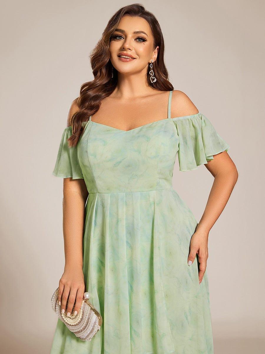 Plus Size Cold Shoulder Sweetheart Necklin Chiffon Midi Wedding Guest Dress #color_Light Green Roses