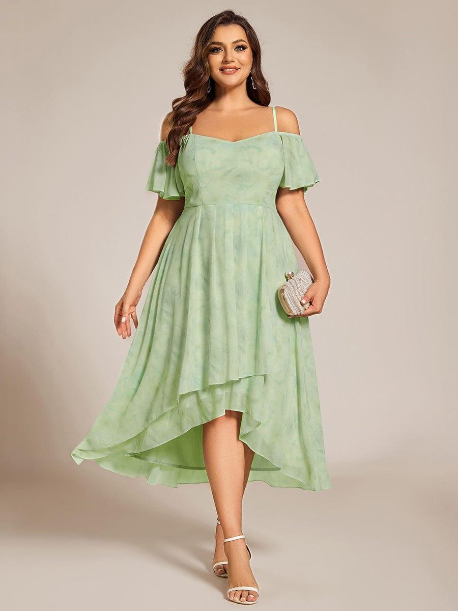 Plus Size Cold Shoulder Sweetheart Necklin Chiffon Midi Wedding Guest Dress #color_Light Green Roses