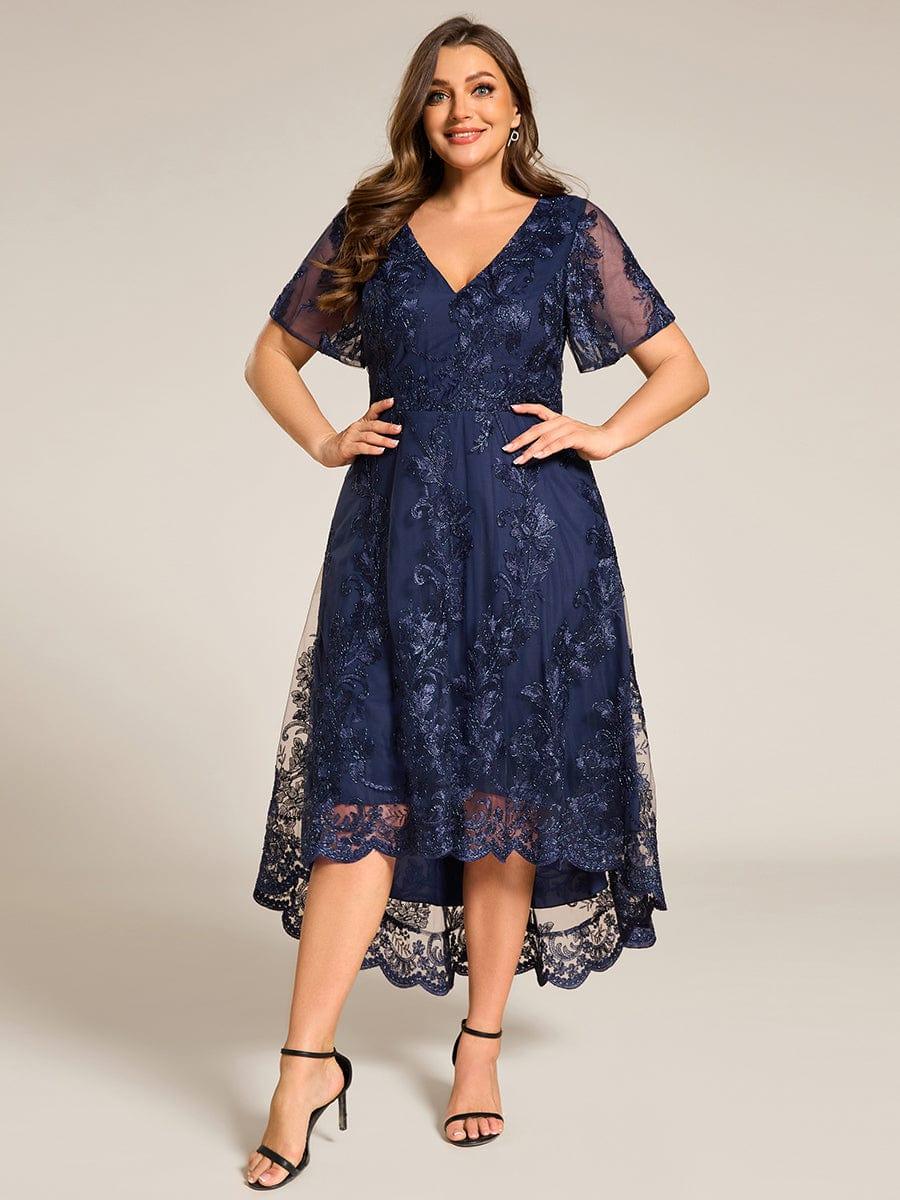 Plus Size Short Sleeves Embroidered Mesh A-Line V-Neck Midi Wedding Guest Dress #color_Navy Blue