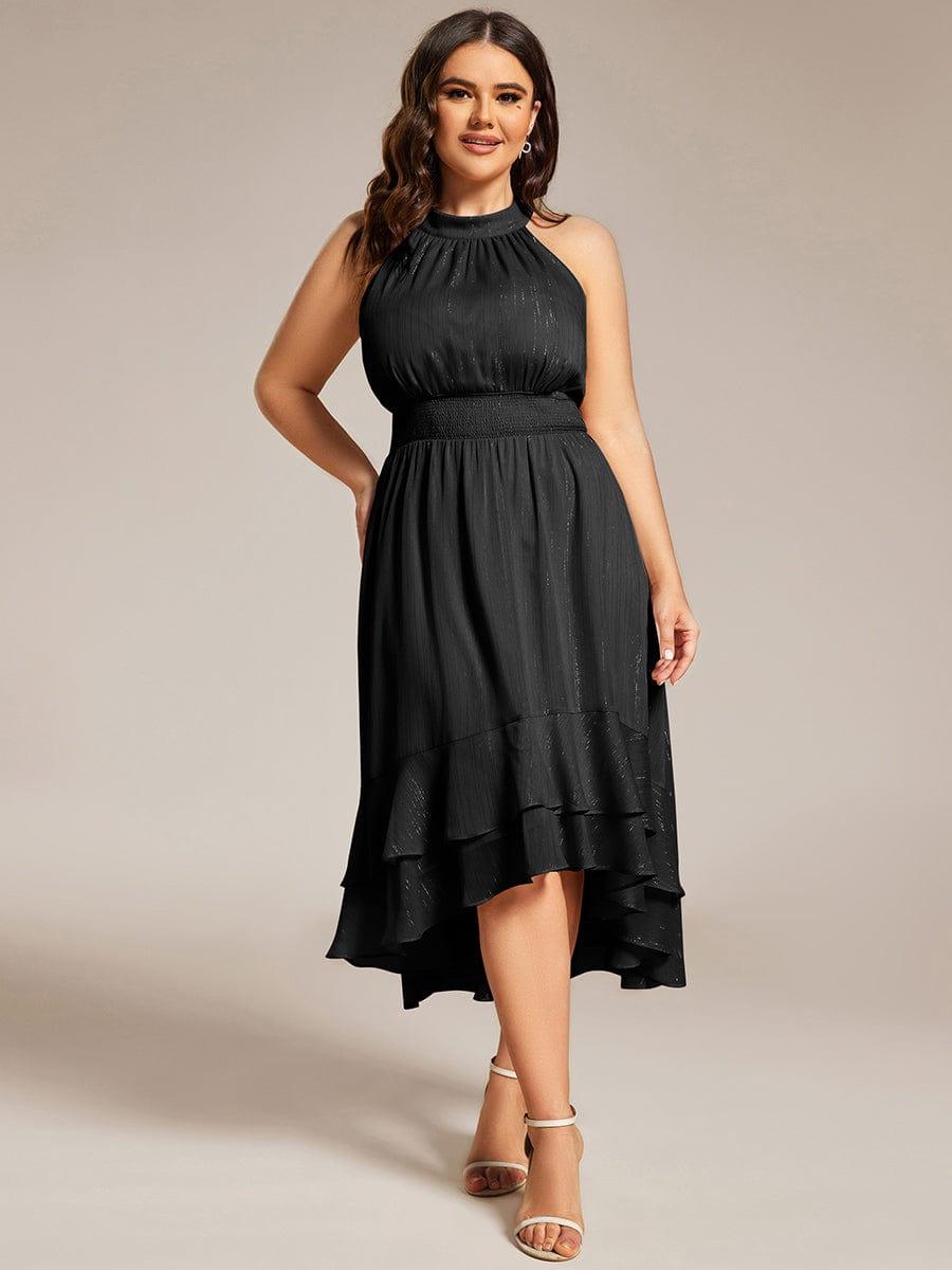 Plus Size Glittery Sleeveless Halter Neck Midi Wedding Guest Dress #color_Black
