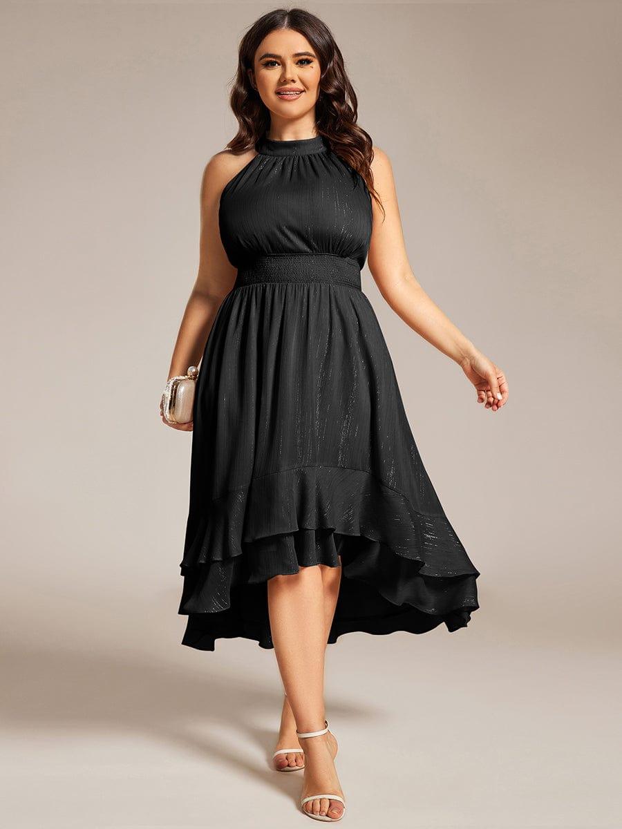 Plus Size Glittery Sleeveless Halter Neck Midi Wedding Guest Dress #color_Black