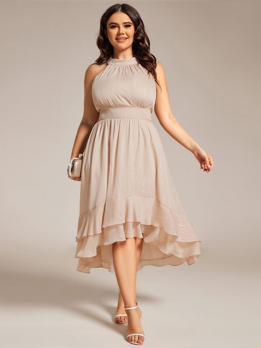 Plus Size Glittery Sleeveless Halter Neck Midi Wedding Guest Dress #color_Champagne