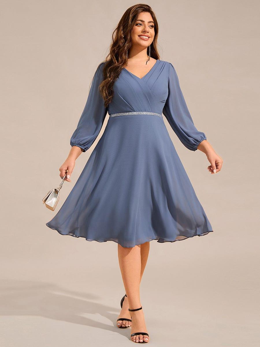 Pleated A-Line Long Sleeve Midi Chiffon Wedding Guest Dress #color_Dusty Blue