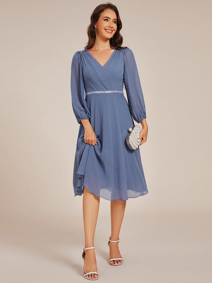 Pleated A-Line Long Sleeve Midi Chiffon Wedding Guest Dress #color_Dusty Blue