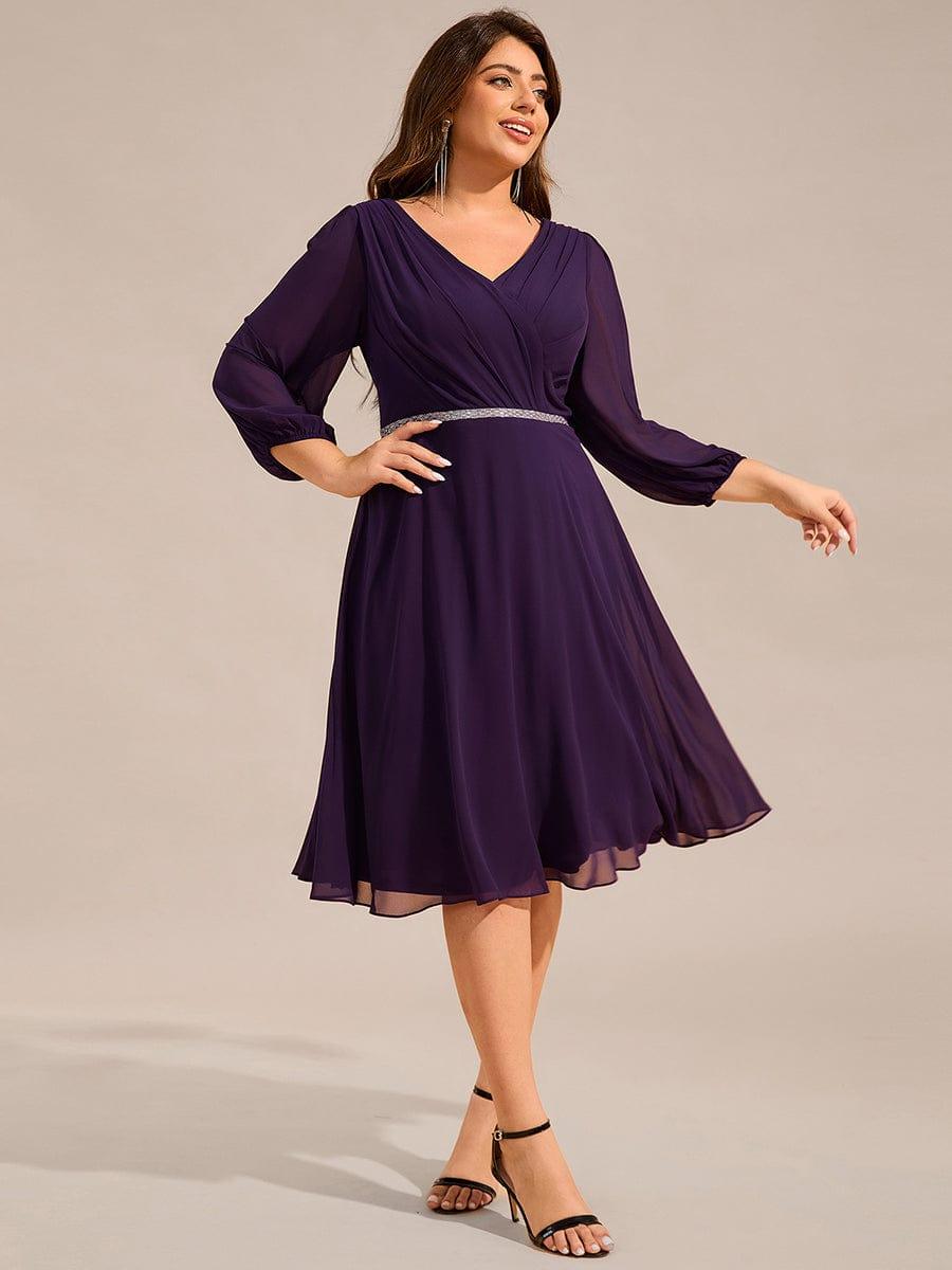 Plus Size Long Sleeve Midi A-Line Wedding Guest Dress with Waist Chain #color_Dark Purple