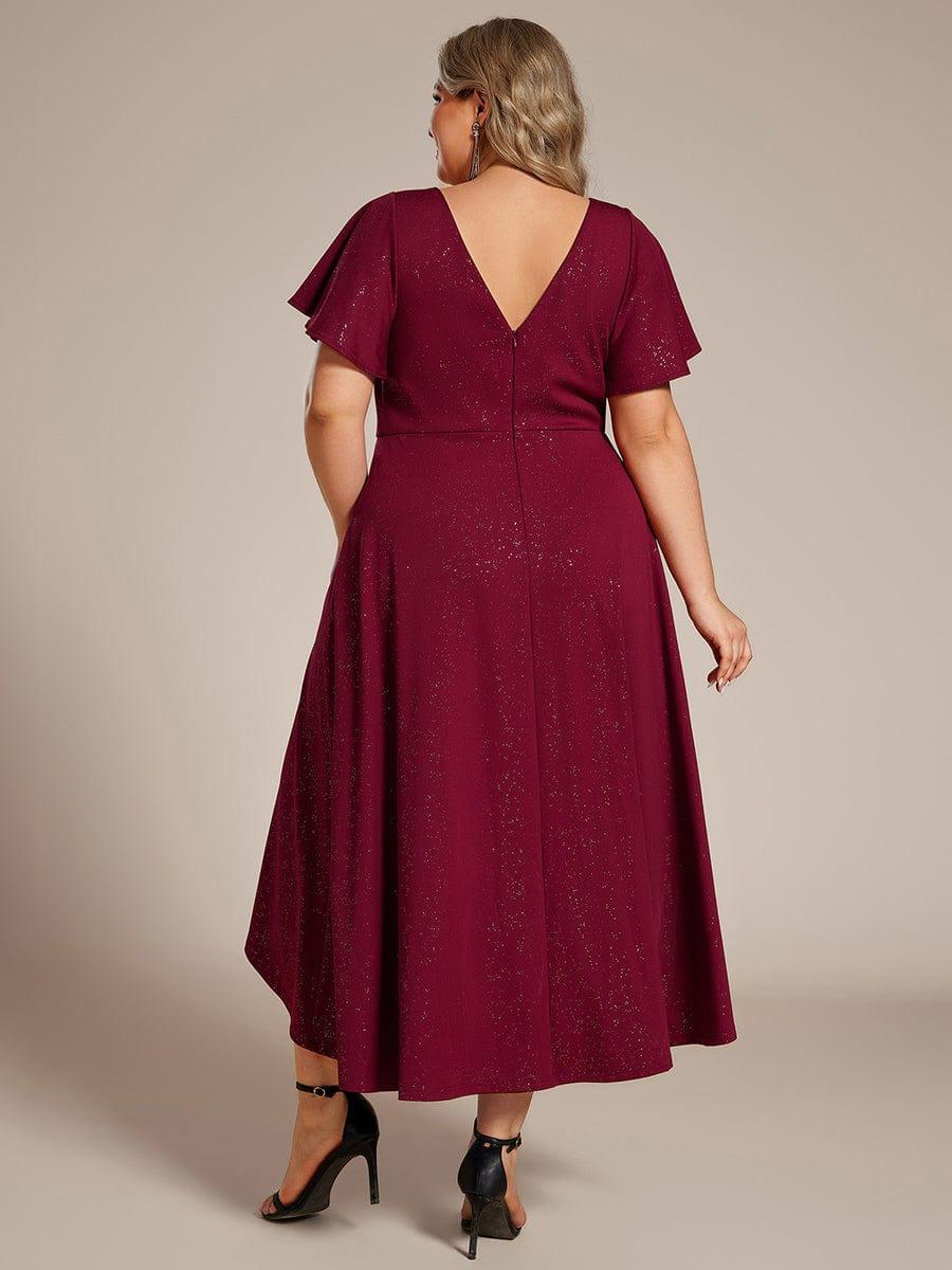 Plus Size Ruffled Sleeves Glitery V-Neck Midi Wedding Guest Dress #color_Burgundy