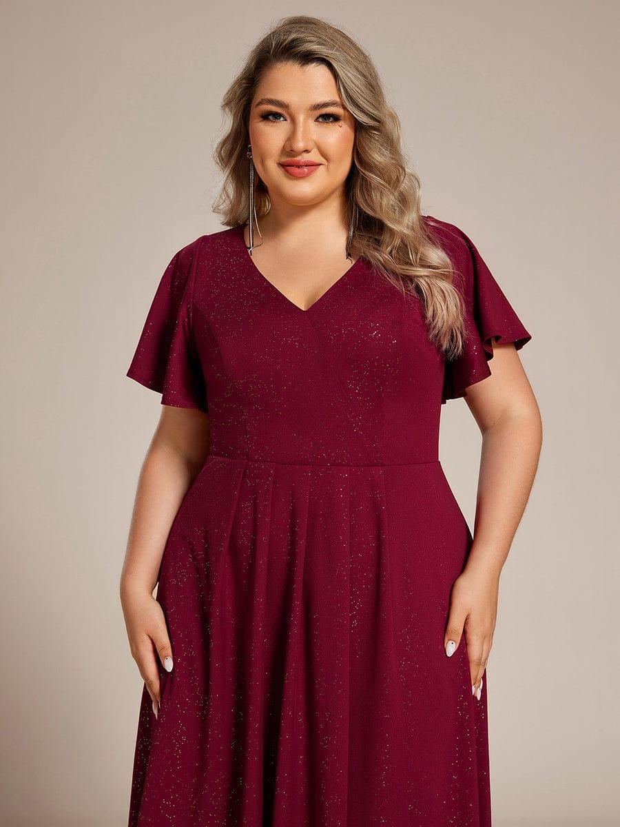 Plus Size Ruffled Sleeves Glitery V-Neck Midi Wedding Guest Dress #color_Burgundy