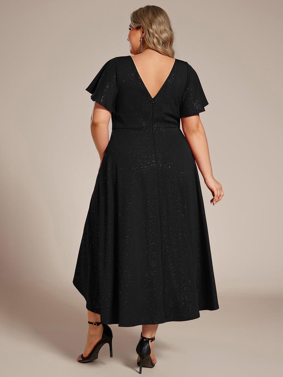 Plus Size Ruffled Sleeves Glitery V-Neck Midi Wedding Guest Dress #color_Black