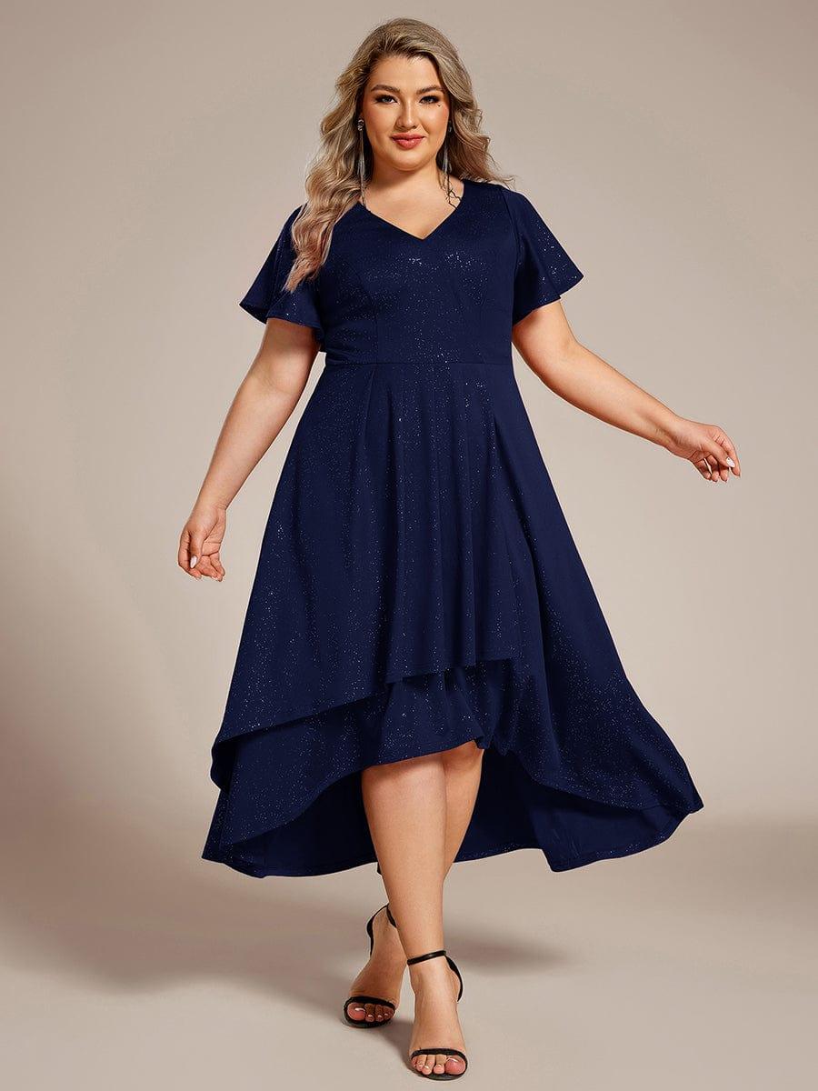 Plus Size Ruffled Sleeves Glitery V-Neck Midi Wedding Guest Dress #color_Navy Blue