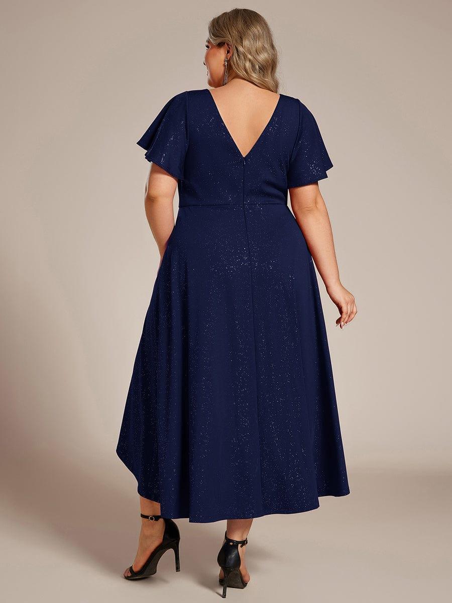 Plus Size Ruffled Sleeves Glitery V-Neck Midi Wedding Guest Dress #color_Navy Blue