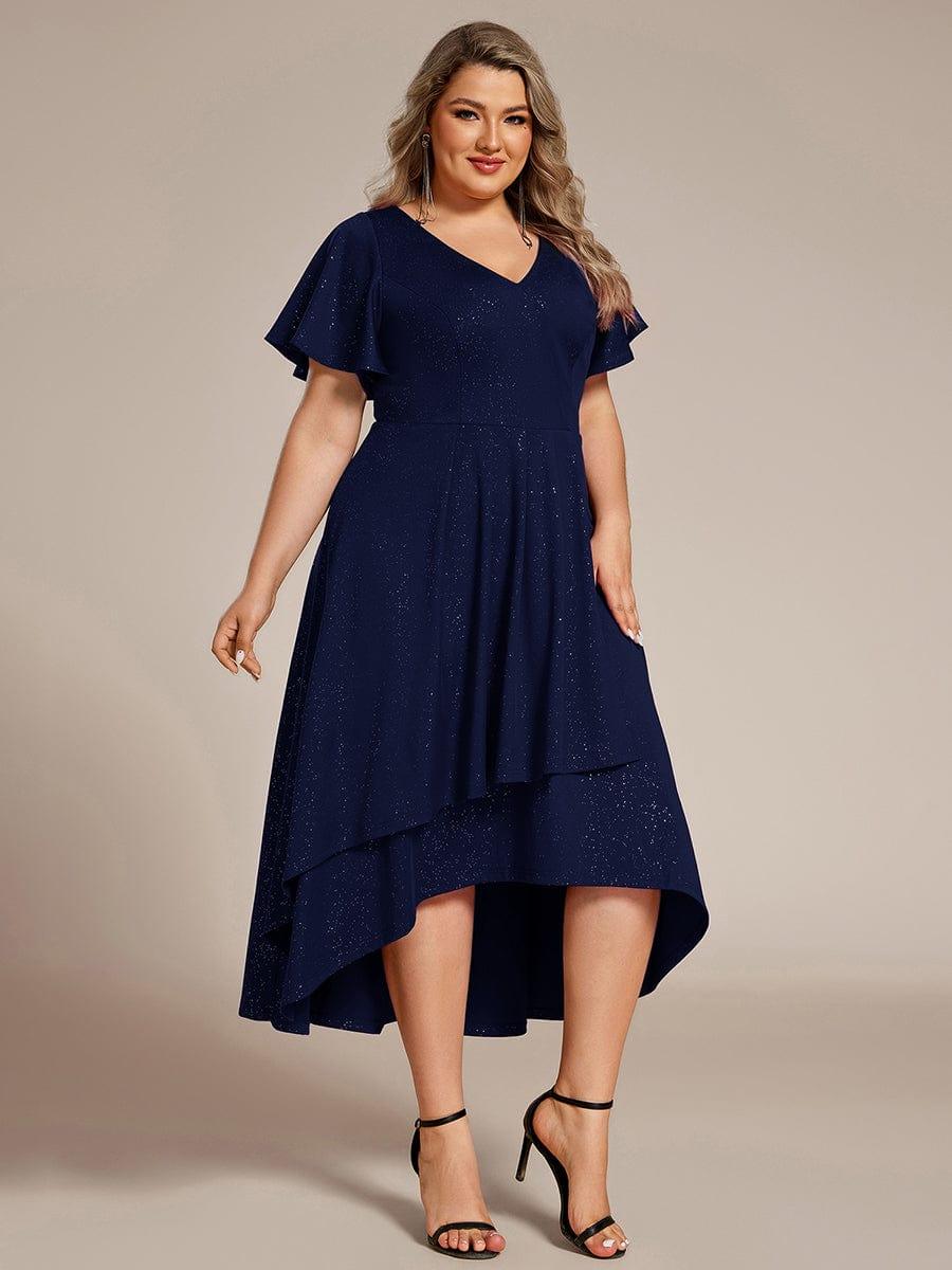 Plus Size Ruffled Sleeves Glitery V-Neck Midi Wedding Guest Dress #color_Navy Blue