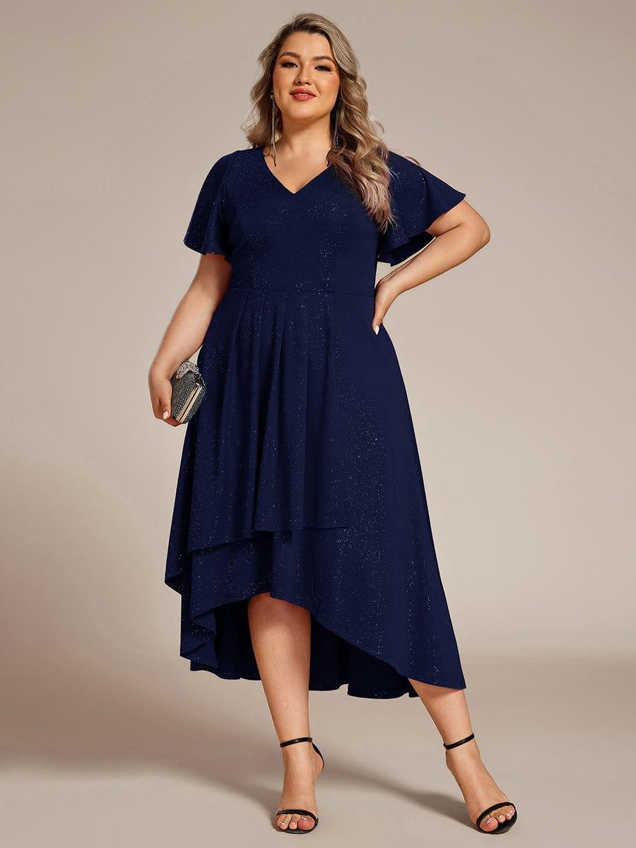 Plus Size Ruffled Sleeves Glitery V-Neck Midi Wedding Guest Dress #color_Navy Blue