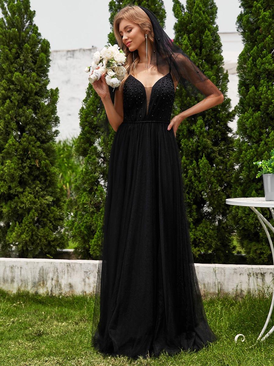 V-Neck A-Line Wedding Dress featuring Delicate Pearl Accents #color_Black