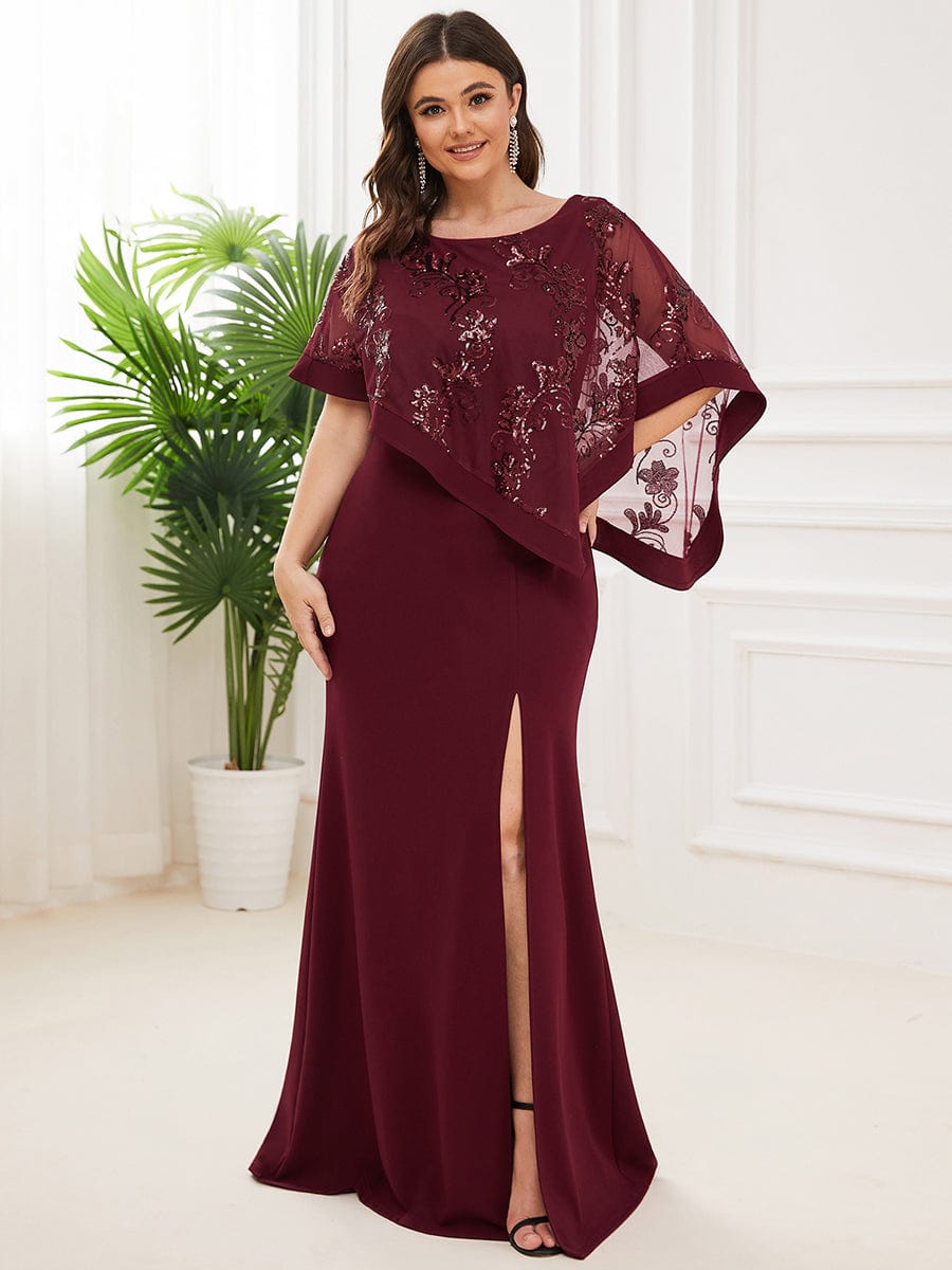 Lace Sequin Shirt Bodycon Floor-Length Mother Dress #color_Burgundy