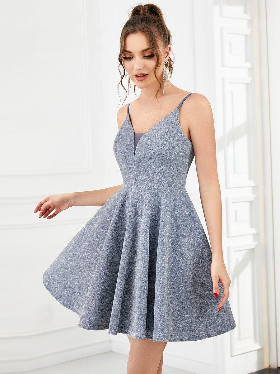 Fancy Shiny Deep V Neck Above Knee Length Prom Dress #color_Dusty Blue